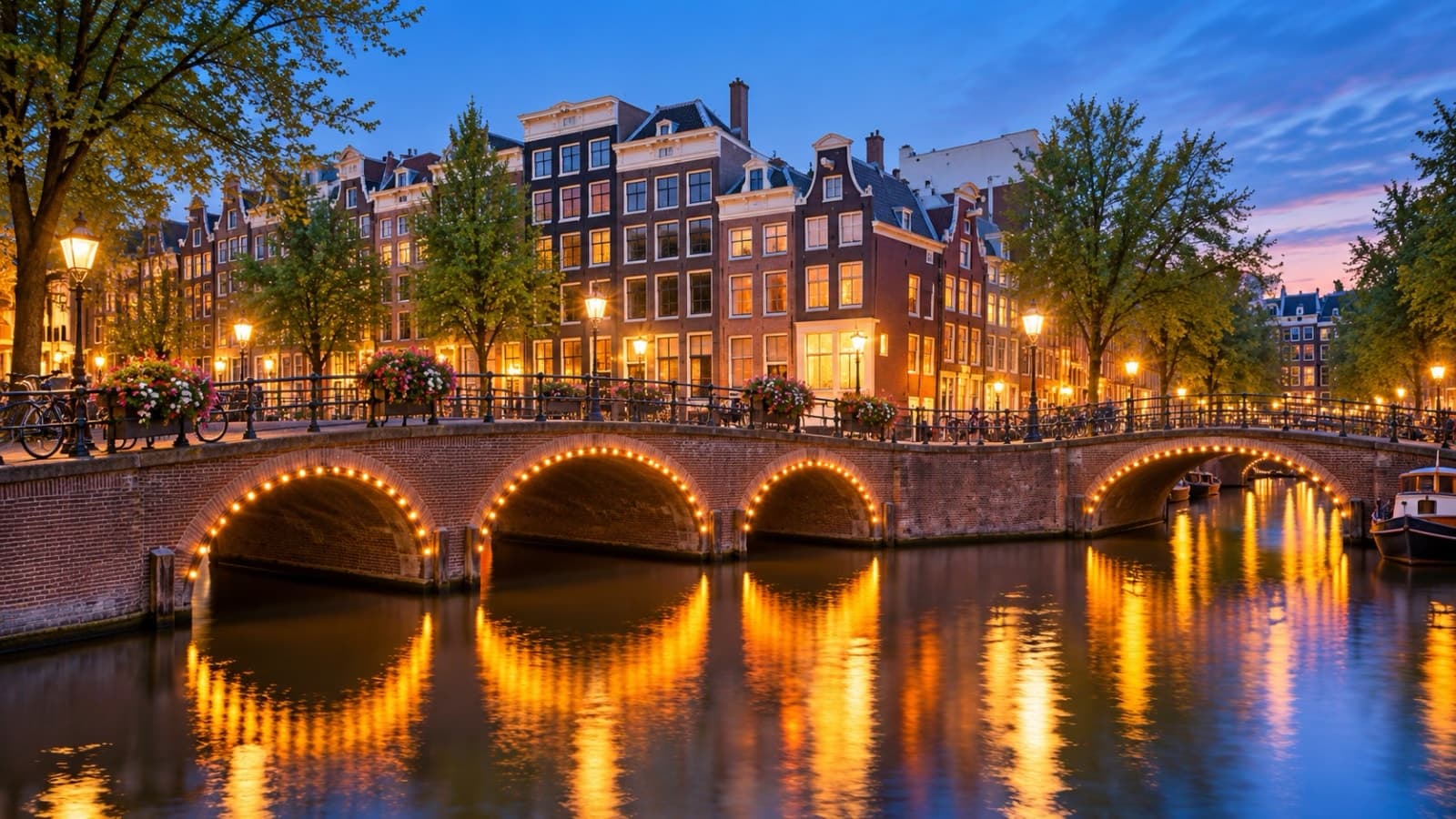 Amsterdam historic canal houses, arched bridge and water reflections