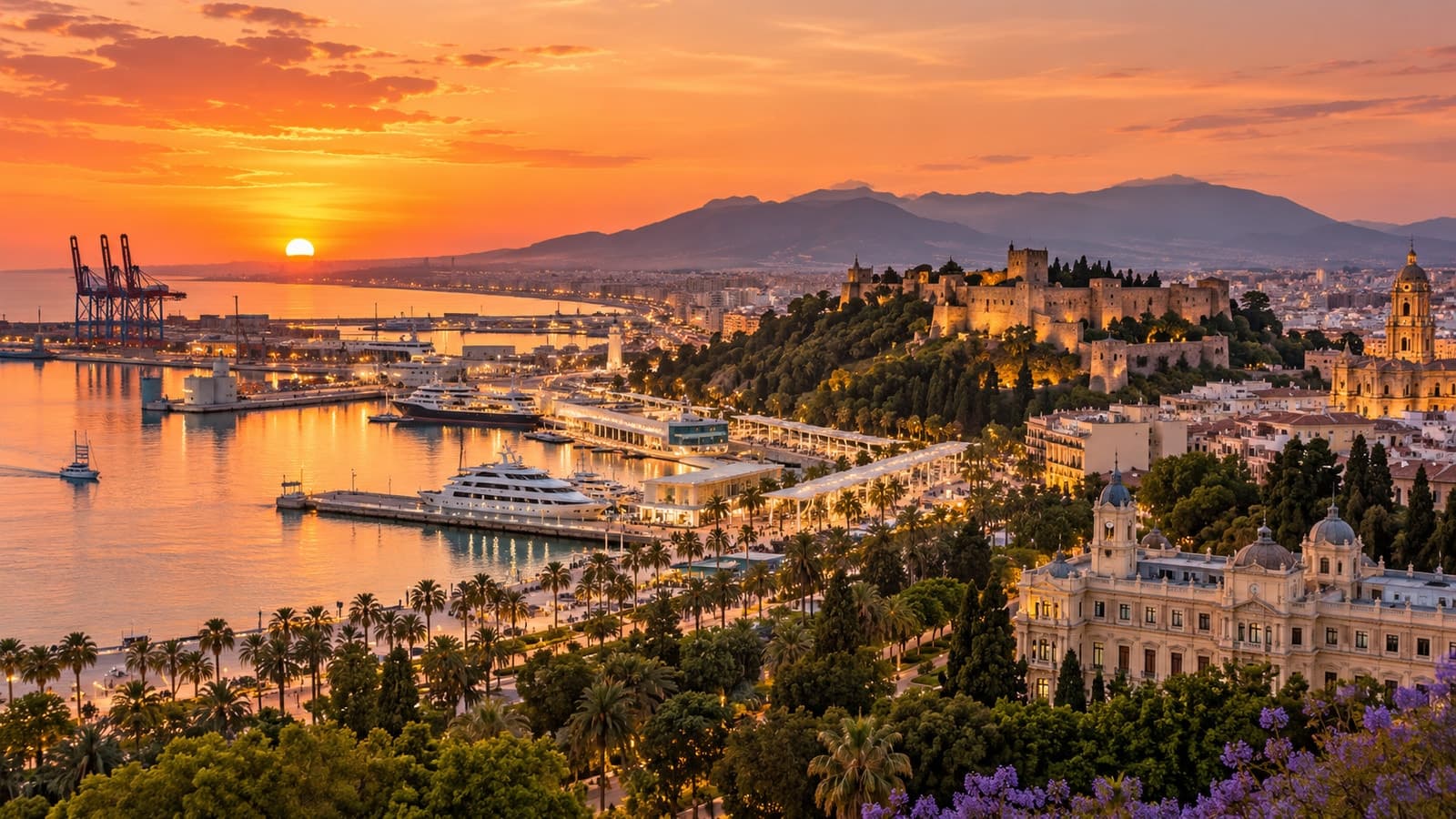 Málaga panoramic sunset over the Mediterranean port and Andalusian coast